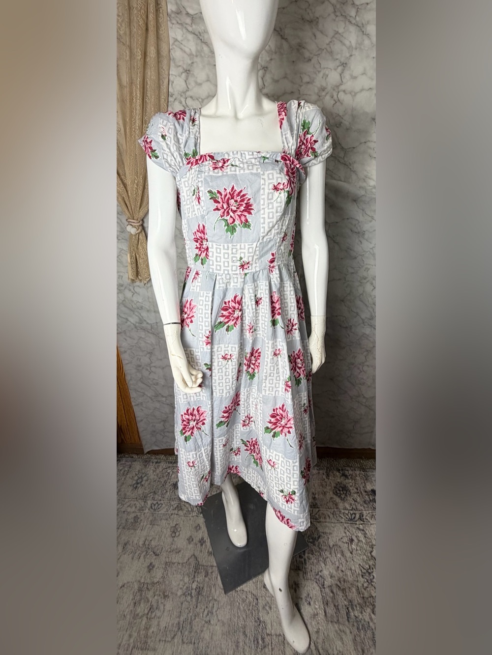 Lazybones Floral Cottagecore Midi Dress 100% Cotton Square Neck Blue L Prairie
